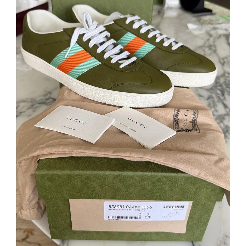 Gucci G74 Leather Sneakers Olive Green Blue Orange Web Stripe 858981 Mens 9G